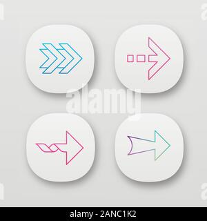 Arrows app icons set. Double, dotted, twisted, wide next arrows. Arrowhead showing right direction. Pointing symbol. Indicator. UI/UX user interface. Stock Vector