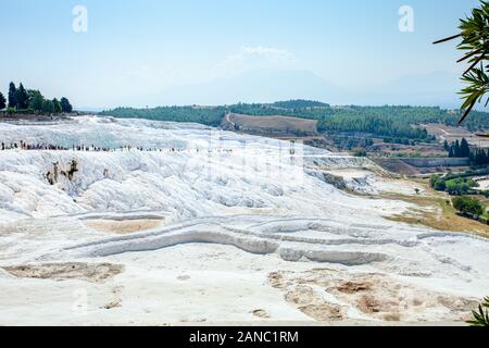 View of the unique Pamukkale natural complex with white cliffs. Pamukkale travertines without water. Stock Photo