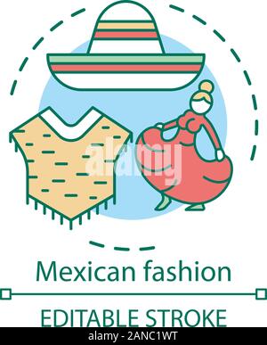 Mexican fashion concept icon. South American traditional clothes. Poncho, sombrero, woman in long red dress idea thin line illustration. Vector isolat Stock Vector