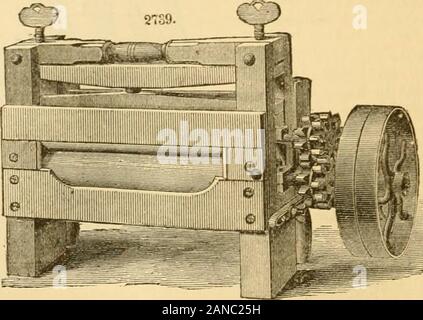 Appletons' cyclopaedia of applied mechanics: a dictionary of mechanical engineering and the mechanical arts . of which is to prevent tipping or wabblingas the revolutions of the basket are re-duced and the basket is brought to rest.This machine will remove the water fromalmost any article, but is specially adaptedfor use in collar and cuff laundries. The Universal wringer, Fig. 2739, con-sists of two parallel rolls of vulcanizedrubber fitted to shafts having at one enda double set of gears, which are arrangedwith long and strong alternate double setsof cogs on the same wheel. The arrange-ment Stock Photo