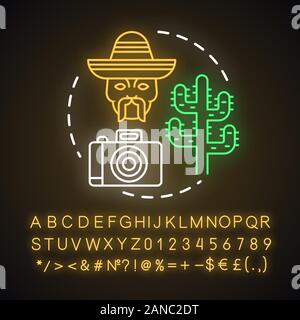 Mexican excursion neon light concept icon. South American desert sights. Camera, men head in sombrero, saguaro idea. Glowing sign with alphabet, numbe Stock Vector