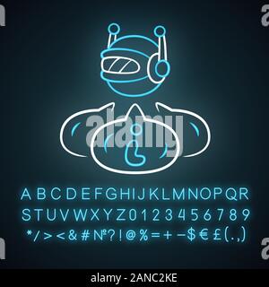 Informational bot neon light icon. Artificial intelligence. Access to data. Machine learning, software application. Glowing sign with alphabet, number Stock Vector