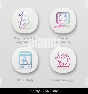 Bioengineering app icons set. Pharmaceutical and clinical engineering, bioprinting, biotechnology. UI/UX user interface. Web or mobile applications. V Stock Vector