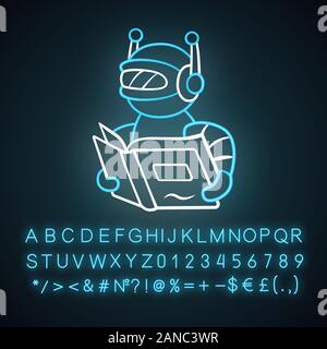 Text reading bot neon light icon. Screen reader application. Virtual assistant. Robot with book. Software app. Glowing sign with alphabet, numbers and Stock Vector