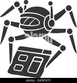 Crawler glyph icon. Spiderbot. Search engine optimization. Content monitoring. Artificial intelligence. Web indexing. Robot software. Silhouette symbo Stock Vector