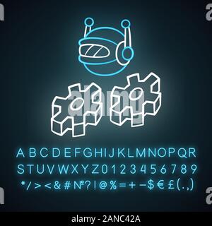 Work bot neon light icon. Software application. Optimizer robot with cogwheels. Cyborgs, AI. Artificial intelligence. Glowing sign with alphabet, numb Stock Vector