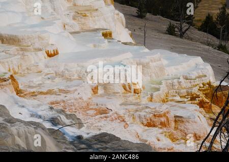 Looking down on the beautiful terraces of one of Mammoth Hot Springs waterfalls. Stock Photo