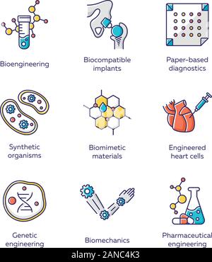 Bioengineering color icons set. Biotechnology for health, evolutionary researching, new materials creating. Molecular biology, biomedical and molecula Stock Vector