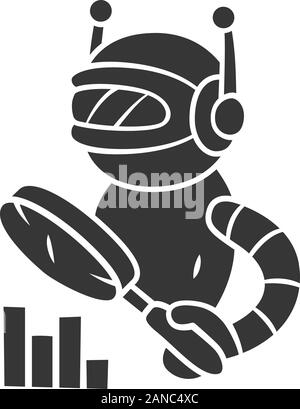 Monitoring bot glyph icon. Monitor websites uptime. Machine learning. Artificial intelligence. Internet robot with magnifying glass. Silhouette symbol Stock Vector