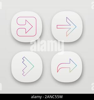 Arrow types app icons set. Forward, right, curved and geometric arrows. Arrowhead indicating rightward. Next arrow. UI/UX user interface. Web or mobil Stock Vector