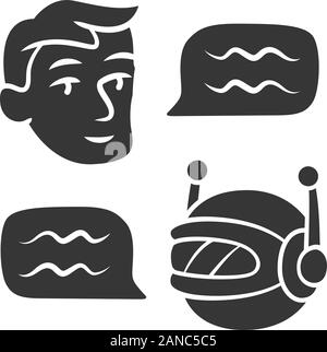 Chatbot glyph icon. Online customer support robot. Man chatting with bot application. Virtual assistant. Artificial intelligence. Silhouette symbol. N Stock Vector