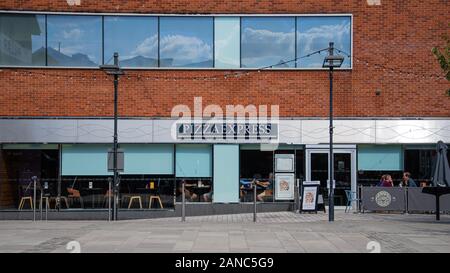 Gloucester, United Kingdom - September 08 2019:  The frontage of Pizza express restaurant on Merchant's Road Stock Photo