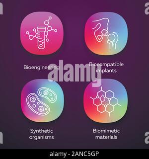 Bioengineering app icons set. Biotechnology. Biochemistry, GMO, implantation. UI/UX user interface. Web or mobile applications. Vector isolated illust Stock Vector