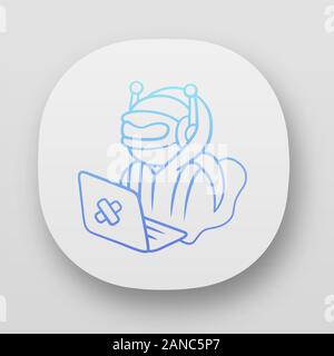 Hacker bot app icon. Virus robot. Cyber pirate attack, crime, cybercrime. Computer virus. Malicious software, AI. UI/UX user interface. Web or mobile Stock Vector