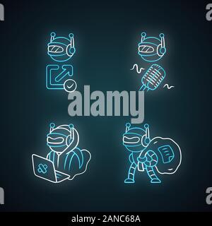 Hacker bot neon light icon. Virus robot. Cyber pirate attack, crime ...
