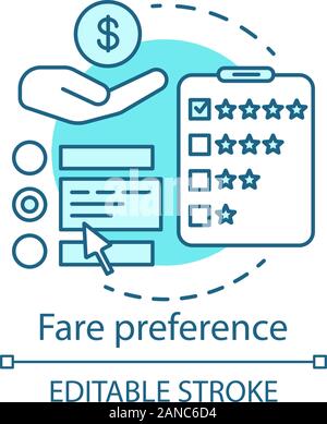 Fare preference concept icon. Transportation costs idea thin line illustration. Services, airline classes price. Airplane amenities. Travel expenses. Stock Vector