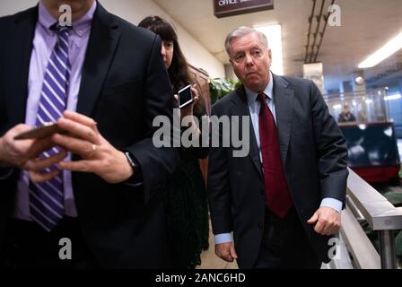 Washington, United States. 16th Jan, 2020. Sen. Lindsey Graham, R-SC, speaks to reporters as he walks to early proceedings in the impeachment trial of President Donald Trump in Washington, DC on Thursday, January 16, 2020. Photo by Kevin Dietsch/UPI Credit: UPI/Alamy Live News Stock Photo