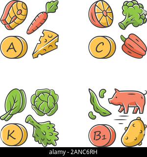 Vitamins color icons set. A, C, B1, K vitamins natural food source. Vegetables, edible greens, dairy products. Proper nutrition. Minerals, antioxidant Stock Vector