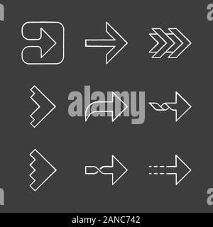 Right arrows chalk icons set. Forward, curved, dotted, twisted next, forward arrows. Marker, indicator. Motion. Movement sign. Arrowhead indicating ri Stock Vector