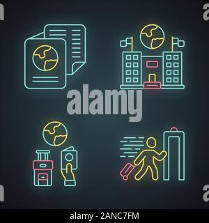 Immigration neon light icons set. Embassy and consulate building. Travel documents, security check. Trip equipment. Refugee, immigrant. Travelling abr Stock Vector