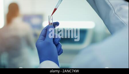 Close up of the glass test tube with a blood in it in hands in medical gloves of the man or woman while they doing analysis in the laboratory. Stock Photo