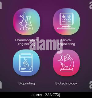 Bioengineering app icons set. Medical technologies. Pharmaceutical and clinical engineering, bioprinting, biotechnology. UI/UX user interface. Web or Stock Vector