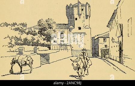 Espaäna pintoresca; the life and customs of Spain in story and legend . parte baja de laciudad, y nos traiga el agua fresca y abundante de 15Río Frío. Aquella noche se oyeron por toda Segovia los rugidosde Satanás, los gruñidos de mil espíritus malignos quearrancaban penosamente de las entrañas de la tierraenormes piedras de granito, y que ayudaban a su jefe en 20la construcción sobrehumana del acueducto colosal. Al amanecer estaba terminada la obra. Satanás esperó satisfecho a la joven. Cuando la segoviana vio el sorprendente acueducto, ya Lucifer mirándola sonriente, comenzó a persignarse, 2 Stock Photo