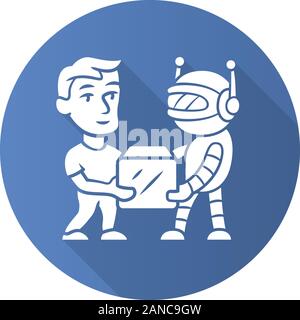 Transactional bot flat design long shadow glyph icon. Artificial intelligence. Partner bot. Man and robot holding box. Robotic delivery service. Datab Stock Vector