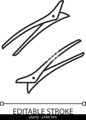 Hair clips linear icon. Hairpin. Bobby pins. Hair fixation, decoration. Woman hairdressing. Hairdresser tool. Thin line illustration. Contour symbol. Stock Vector