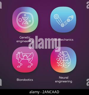 Bioengineering app icons set. Genetic engineering, biomechanics, biorobotics, neural engineering. Biotechnology. UI/UX user interface. Web or mobile a Stock Vector