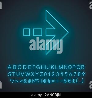 Arrow with dotted dash line neon light icon. East direction. Arrow indicating right. Next, forward. Navigation pointer. Glowing sign with alphabet, nu Stock Vector