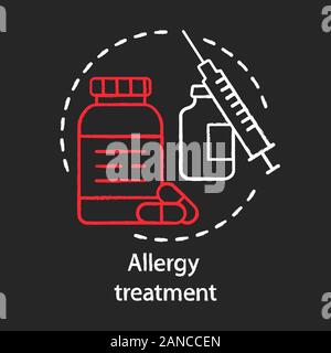 Allergy treatment chalk concept icon. Vaccination and immunization idea. Allergic diseases prevention. Pills bottle, vaccine, syringe. Vector isolated Stock Vector