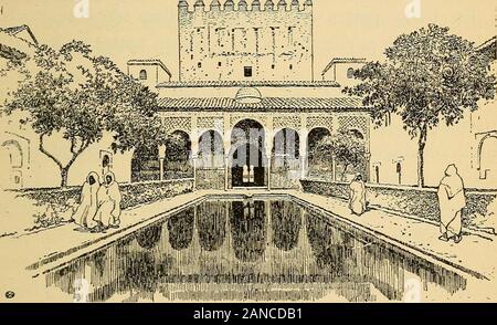 Espaäna pintoresca; the life and customs of Spain in story and legend . Entre los arabescos blancos 20 aparece con frecuencia el escudo del constructor, con estedevoto lema: « No hay más conquistador que Dios.» A la derecha se halla el salón de los Abencerrajes. Elguía pone siempre especial cuidado en enseñarnos algunasmanchas rojizas en el blanco mármol del pavimiento, las 25 cuales nos dice son la sangre de los últimos Abencerrajes :una tribu poderosa de moros, vilmente asesinada porBoabdil el Chico. Es ésta una de las leyendas históricasde la Alhambra. Pero nos deleitan más aquellas otras n Stock Photo