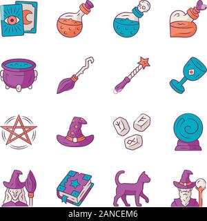 Magic  color icons set. Witchcraft, sorcery Halloween items. Occult, gypsy mystic rituals tools. Fortune telling, divination.  Superstitions & future Stock Vector