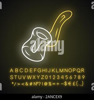 Glass bubbler neon light icon. Cannabis industry. Ganja smoking device. Hemp distribution and sale. Marijuana legalization. Glowing sign with alphabet Stock Vector