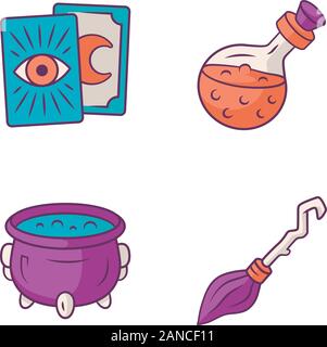 Magic  color icons set. Tarot cards, potion, witch cauldron and broomstick. Witchcraft and sorcery Halloween items. Isolated vector illustrations Stock Vector
