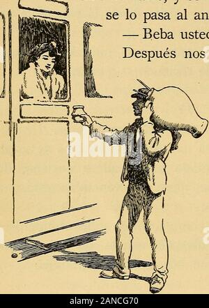 Espaäna pintoresca; the life and customs of Spain in story and legend . joven estudiante, yle dice : — Éste es el primer viaje que hace mi nieta en tren. — Abuelo, tengo mucha sed, — exclama la niña, acer- 20candóse al anciano. — En la próxima estación, — le contesta el abuelodándole un beso en la frente. Pero pasan varias estaciones y el vendedor de aguano llega. 25 Por fin en una se oye el deseado grito : — ¡ Agua, agua fresca-a-a ! La niña palmotea, sonríe el anciano. 14 ESPAÑA PINTORESCA — Abuelito, tengo mucha, mucha sed, — vuelve a decirla pequeña. — ¡ Aguador! ¡ Aquí! — grita el caballe Stock Photo