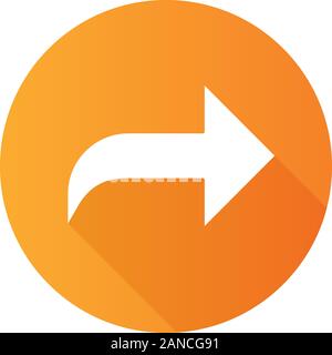 Right curved arrow flat design long shadow glyph icon. Direction sign, forward curve. Bend arrow. Motion pointer. Navigation arrowhead. Pointing curso Stock Vector