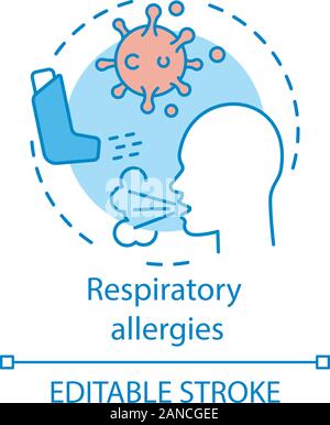 Respiratory allergies concept icon. Airborne allergic diseases idea thin line illustration. Asthma inhaler, coughing person, bacteria. Vector isolated Stock Vector