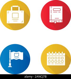 Office accessories flat design long shadow glyph icons set. Business supplies vector silhouette illustrations. Corporate work attributes. Working note Stock Vector
