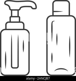 Empty reusable containers linear icon. Shampoo and soap bottles for travel. Personal hygiene, care products. Thin line illustration. Contour symbol. V Stock Vector