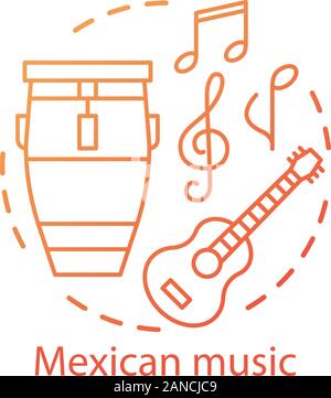 Mexican music concept icon. Latino acoustic sound party. Mariachi band instruments. Drum, guitar, musical symbols idea thin line illustration. Vector Stock Vector