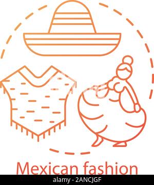 Mexican fashion concept icon. South American traditional clothes. Poncho, sombrero, woman in long dress idea thin line illustration. Vector isolated o Stock Vector