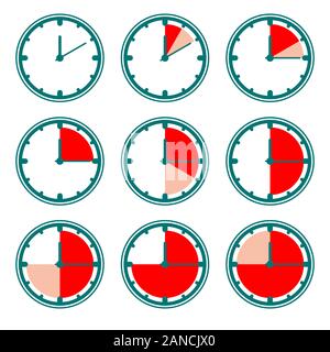 Green clock vector icons with red minutes charts. Set of nine simple timers. Stock Vector