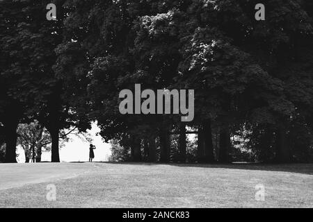 Ronchamp / France - 07 17 2013: Girl taking a photo in the woods, balck adn white Stock Photo