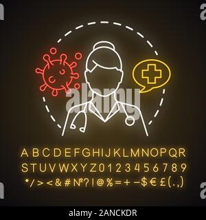 Allergy doctors neon light concept icon. Allergist, immunologist idea. Allergic diseases, asthma diagnosis and treatment. Glowing sign with alphabet, Stock Vector