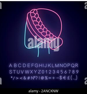 Woman hairstyle neon light icon. Professional hairstyling. Female head with braided hair. Hairdresser services. Glowing sign with alphabet, numbers an Stock Vector