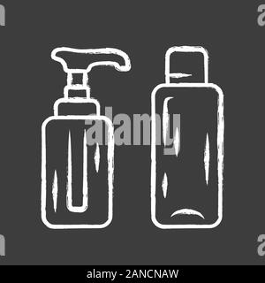 Empty reusable containers chalk icon. Shampoo and soap bottles for travel. Personal hygiene, self care products. Travelling, trip equipment, item, acc Stock Vector