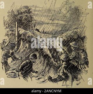 L'oncle Sam en France; lecture, conversation, composition . faire feu. — Vr. vr. vr. . — Gare! une ((marmite))! lis saccroupissent dans la boue. Bab! un peu plus,un peu moins, quest-ce que ga fait on en sera quittepour se bien laver apres la releve. La marmite est tombee, a eclate, eclabousse. On sereleve en riant, on se compte des yeux, on reprend lagarde et on attend la suivante. . Un casque allemand emerge la-bas au bout dela tranchee ennemie, disparait, reapparait, jette unfurtif coup doeil, se hasarde, se refugie derriere ce groschene a Tentree du petit bois, y reste un moment etrentre. Q Stock Photo