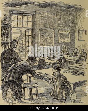 L'oncle Sam en France; lecture, conversation, composition . jEcole Superieure de Dayton, Ohio.)) Et beaucoup dautre noms suivent. ((Nous remettions au net la composition frangaisedhier, Capitaine. Dulac, lisez la votre a Monsieur leCapitaine.)) II est tout petit, Peleve Dulac, mais il sait lire, ecrireaussi — avec quelques belles fautes dorthographe,bien entendu; mais Torthographe na rien a voir avecla spontaneite, la sincerite naive de ses huit ans et deson petit cceur de frangais, un coeur que le bon oncleSam comprend si bien. II lit done : (cLa premiere legon de frangais en Alsace. »x(Cest Stock Photo